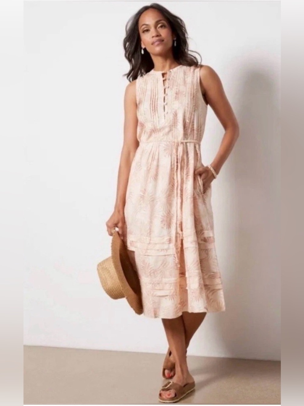 Faherty Tropical Palm Print Isha Sleeveless Linen Blend Midi Dress | Peach | M
